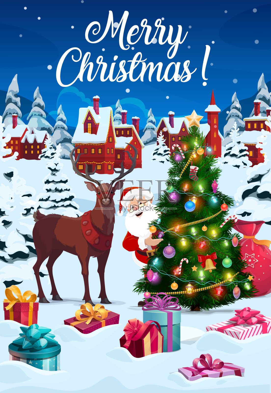 圣诞树装饰和驯鹿的礼物插画图片素材