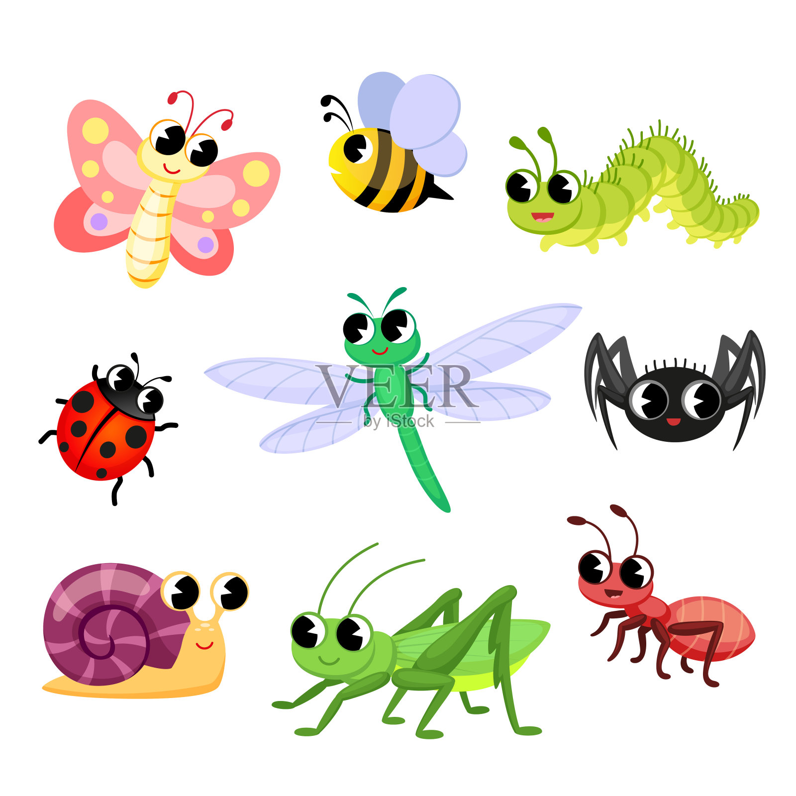 可爱的卡通的昆虫。蝴蝶，蚂蚁，瓢虫，蜜蜂，蜘蛛，蜗牛，毛毛虫，蜻蜓，蚱蜢设计元素图片