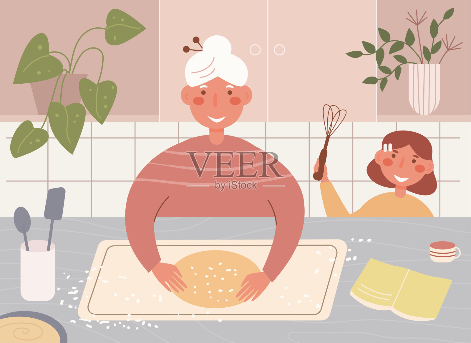 奶奶和孙女一起烹饪矢量。卡通。白色背景上的孤立艺术。平插画图片素材