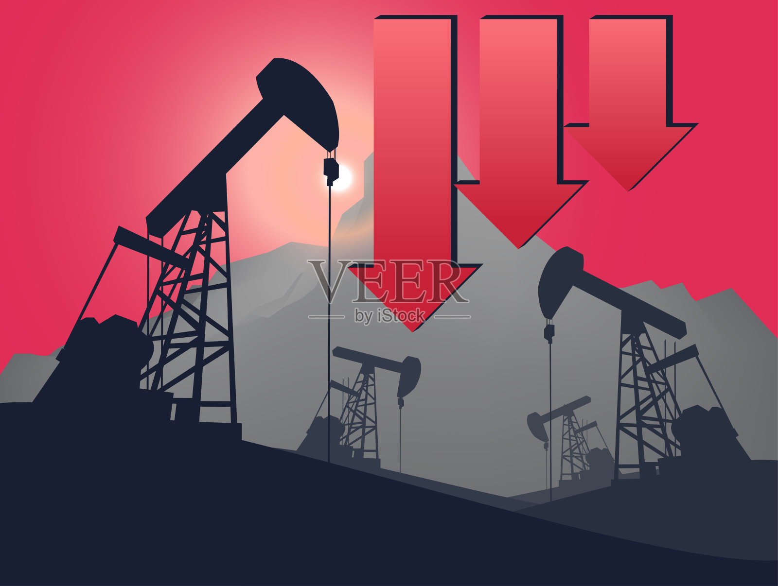 油泵、石油钻塔、能源工业机械用箭头向下，表示油价下跌。插画图片素材