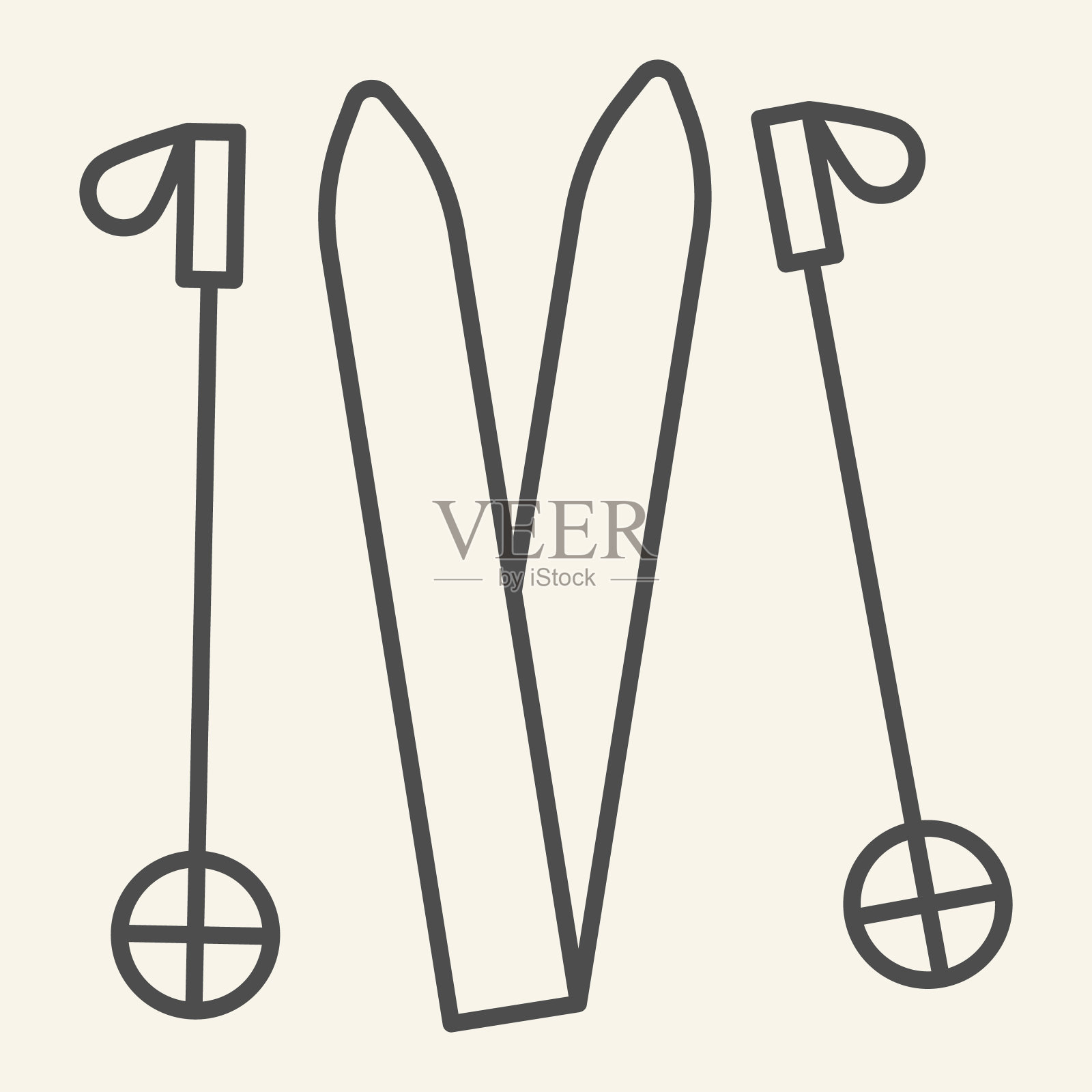 滑雪细线图标。滑雪设备轮廓风格象形图上的米色背景。用于移动概念和网页设计的滑雪齿轮和棍棒。矢量图形。图标素材