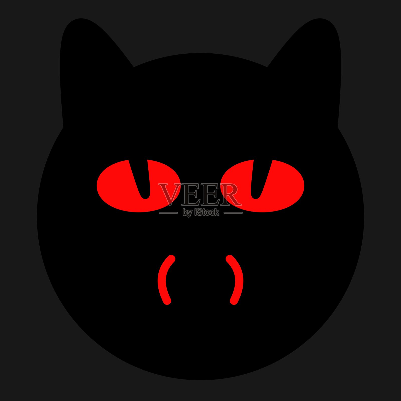 黑猫的头，红色的眼睛和尖牙映衬着黑色的背景。插画图片素材