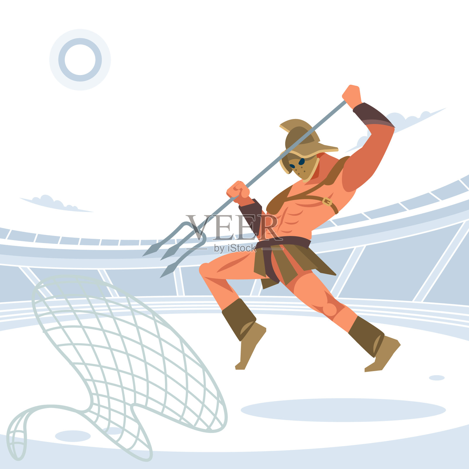 角斗士在竞技场用一个网格和三叉戟跳上被抓住的敌人。向量孤立的插图。平的卡通风格插画图片素材