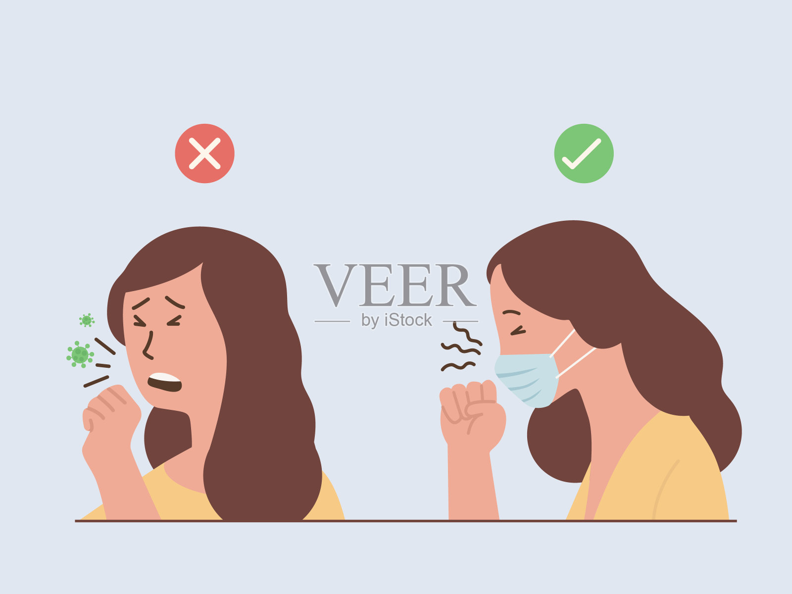 妇女咳嗽和打喷嚏使病毒传播和妇女戴外科口罩阻止疾病传播。正确和错误的方式，当你生病。插画图片素材