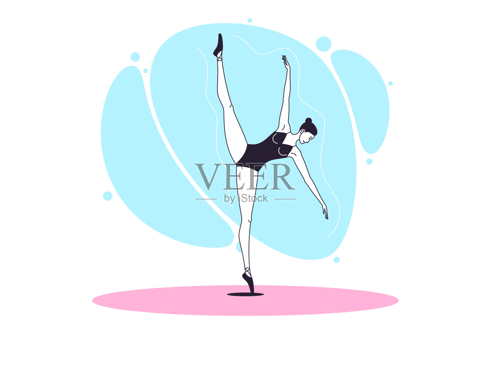 优雅的芭蕾舞女在轮廓极简风格。芭蕾舞者单腿站立，抬起第二腿，身体倾斜插画图片素材