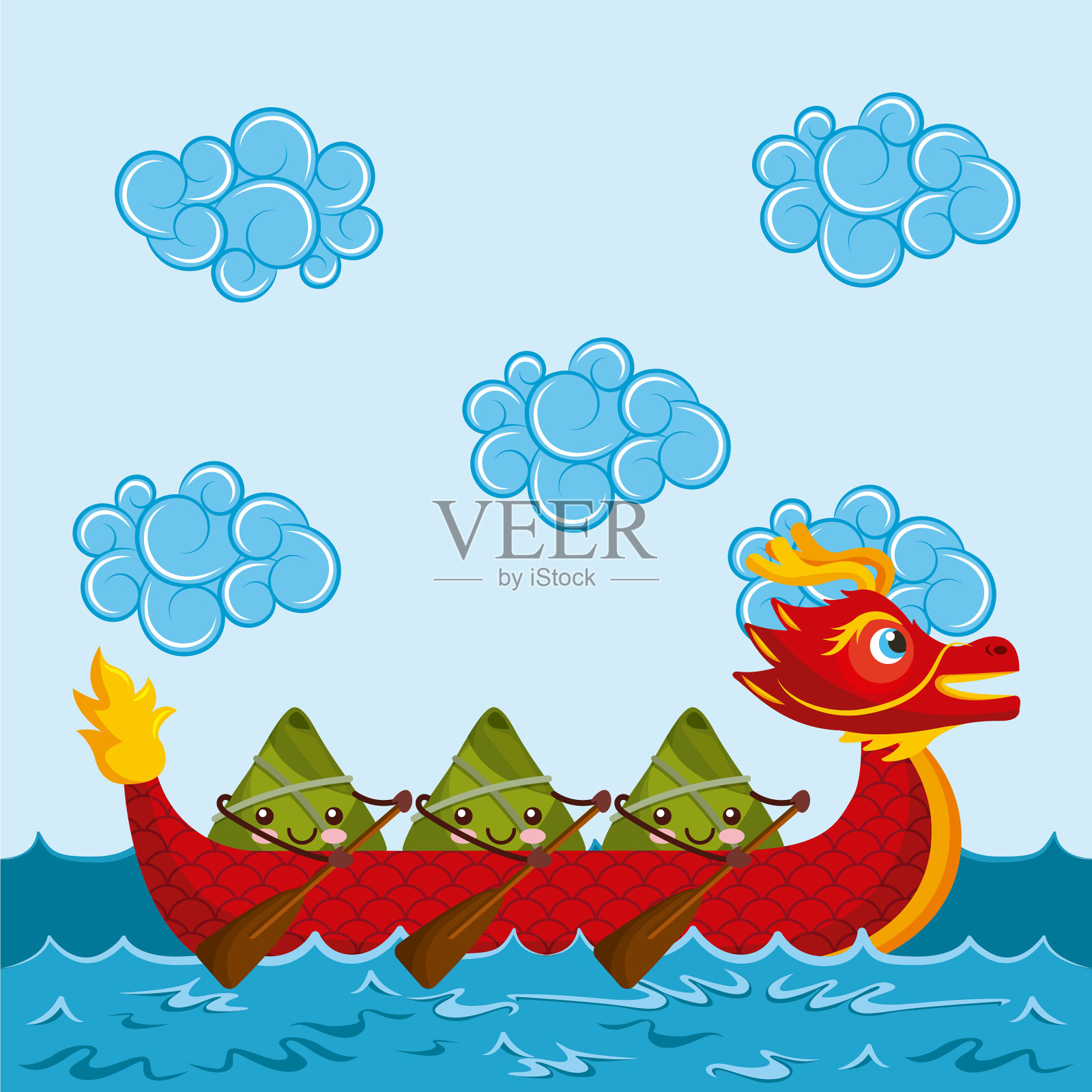 卡通快乐粽子划着红龙插画图片素材