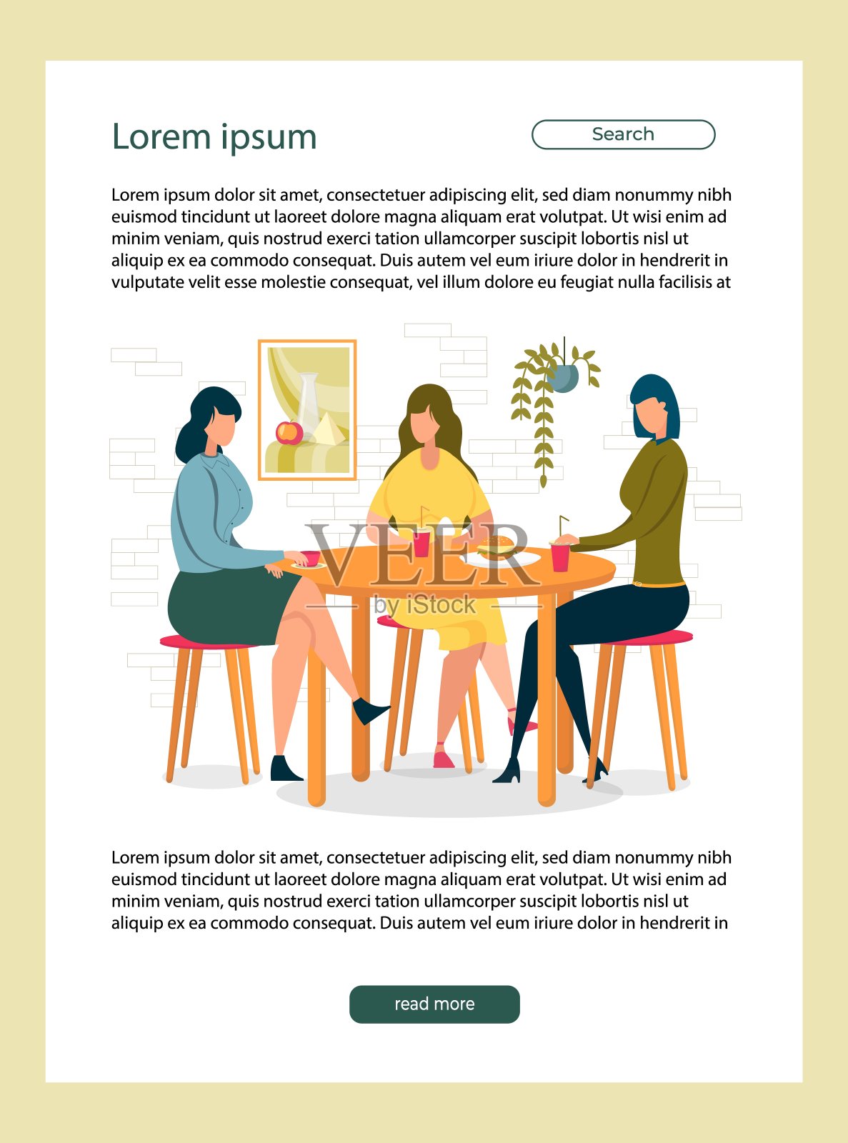 坐在餐桌前吃快餐或垃圾食品的女性。设计模板素材