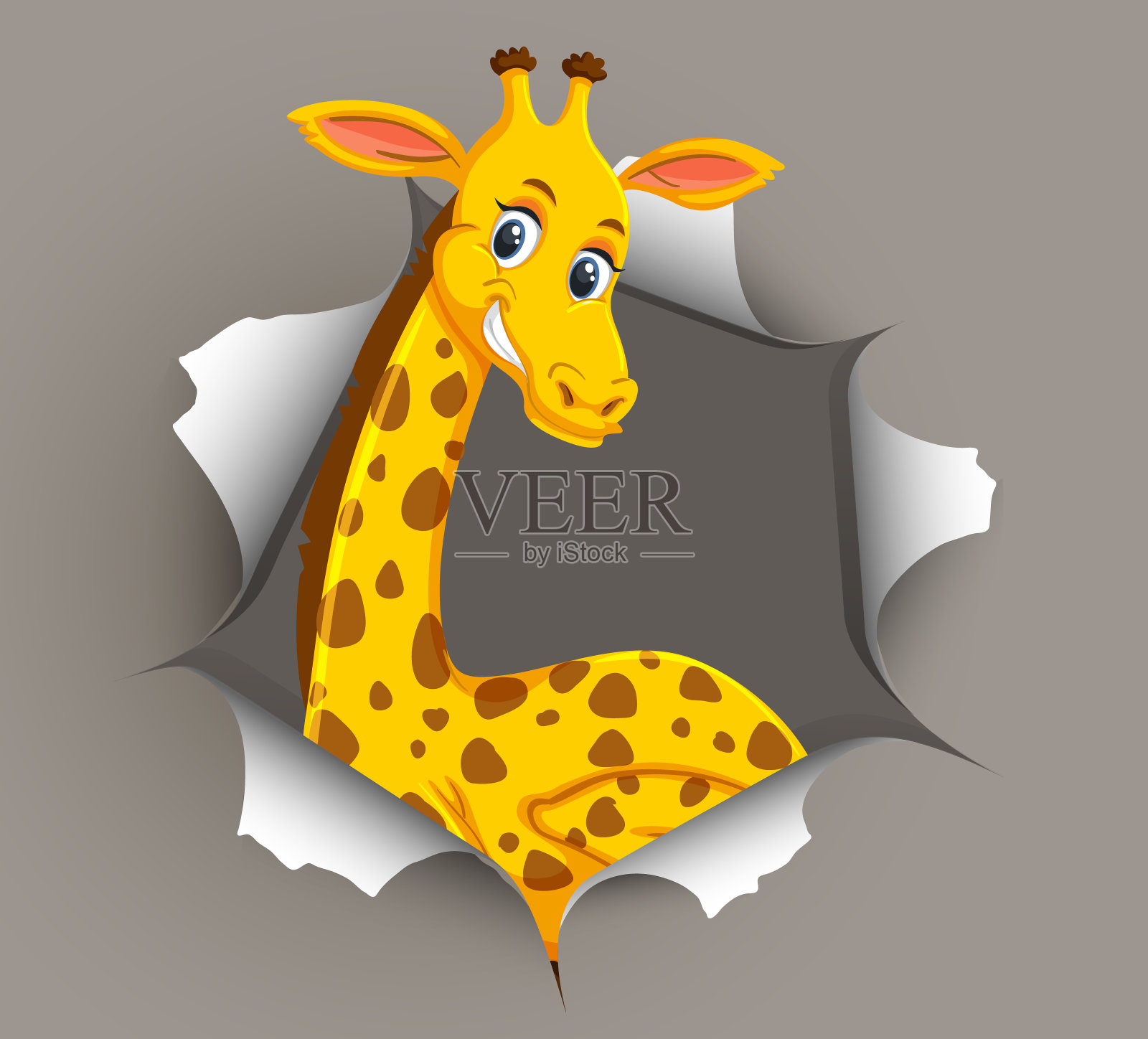 可爱的长颈鹿从裂墙里出来插画图片素材