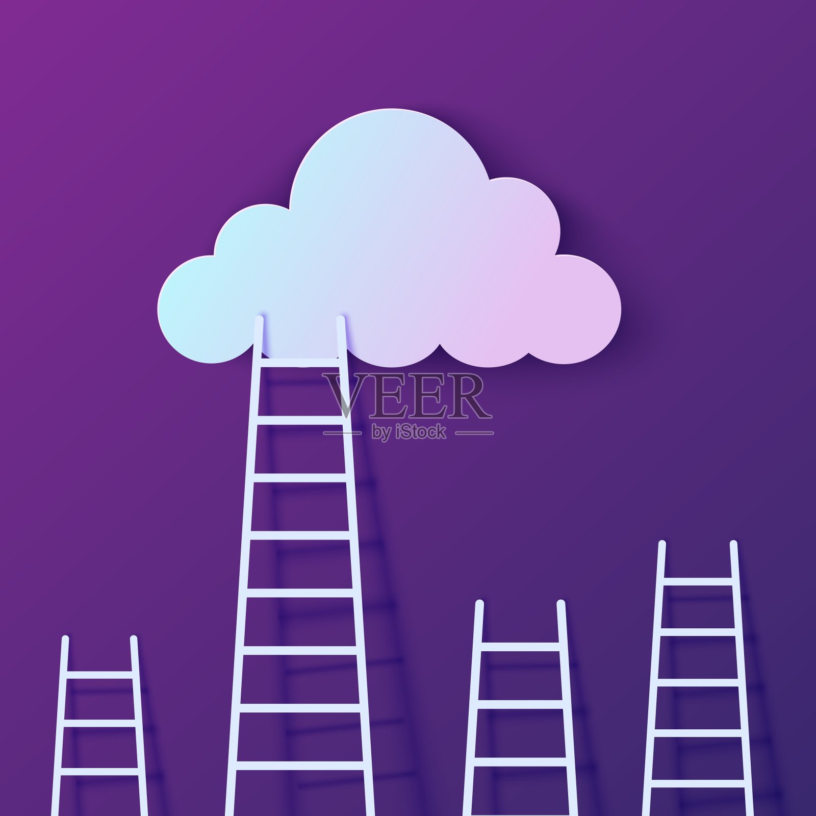 云梯引领剪纸风格。楼梯的机会。夜晚紫色的天空与梯度云。矢量元素的动机海报概念模板的创意商业成功卡插画图片素材