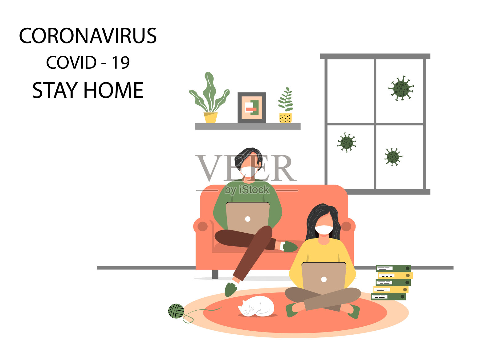 在家注意安全。一男一女在家里工作，以减少感染风险和防止Covid-19病毒的传播。新冠肺炎疫情期间居家隔离。设计元素图片