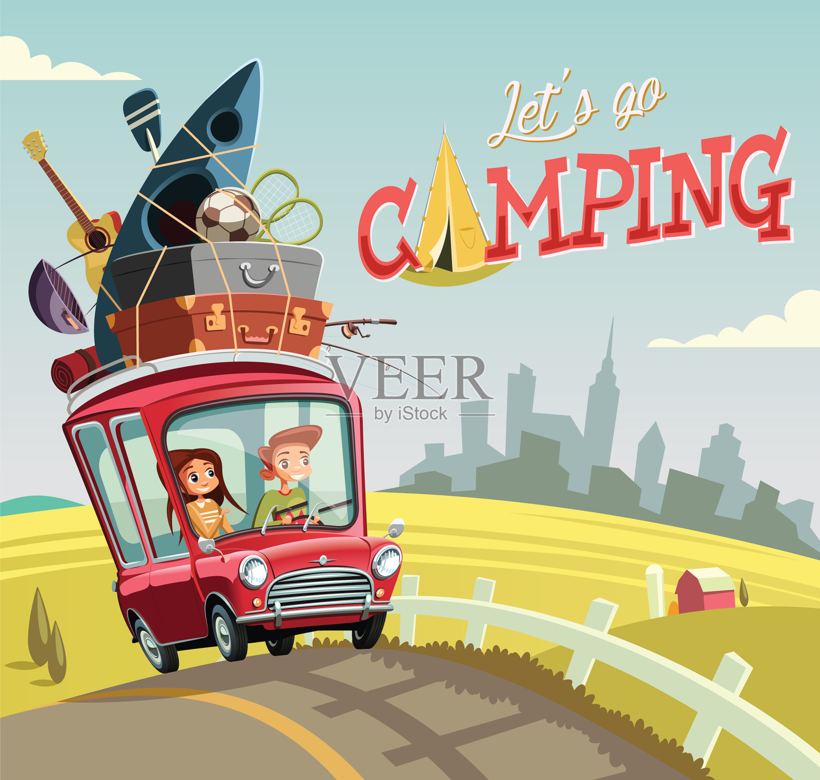 一对年轻夫妇开着红车去露营插画图片素材