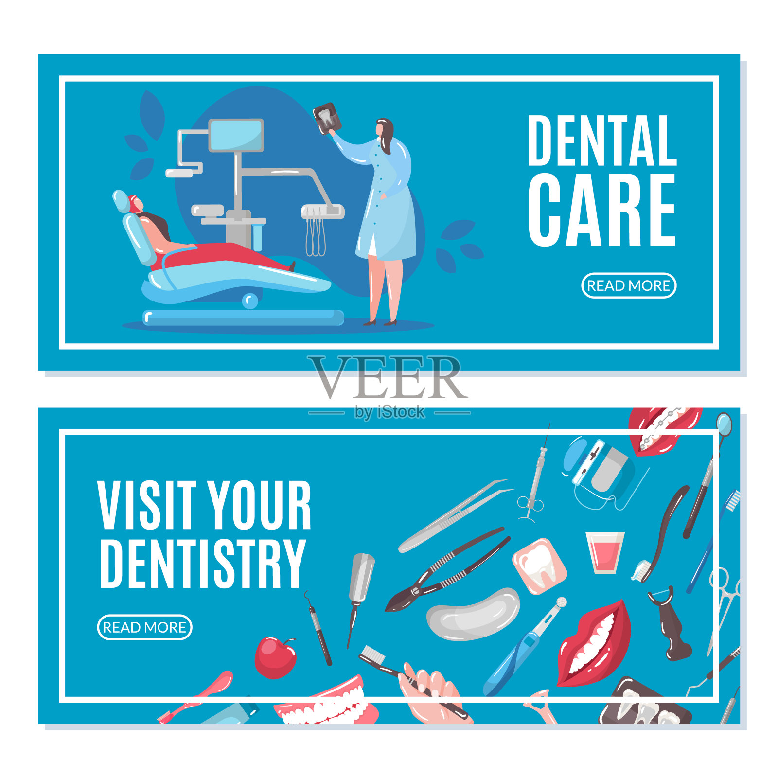 牙科护理和牙科横幅设置与医生和病人在插画图片素材