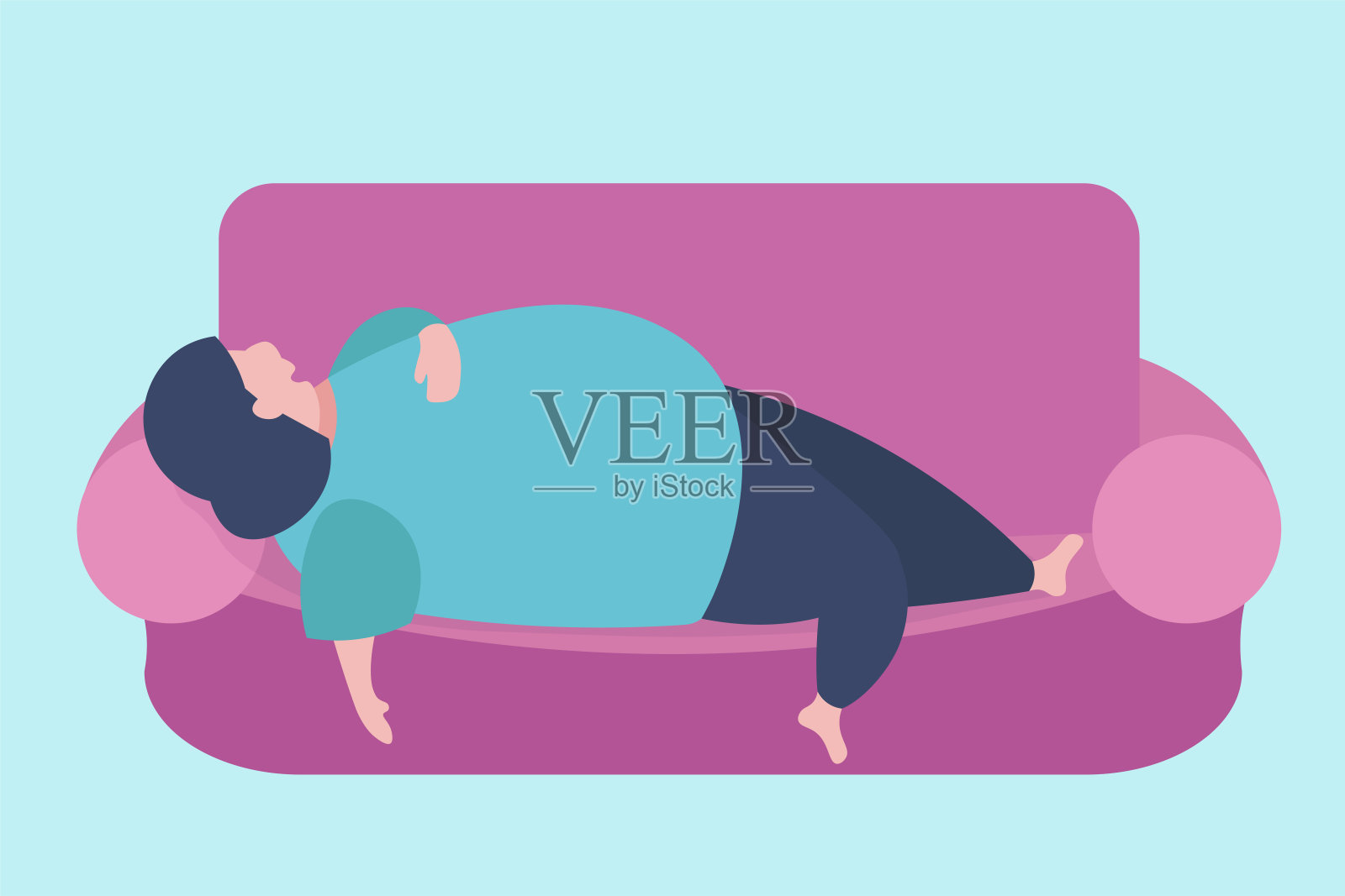 有趣的胖女人在辛苦工作一天后在沙发上打盹。插画图片素材