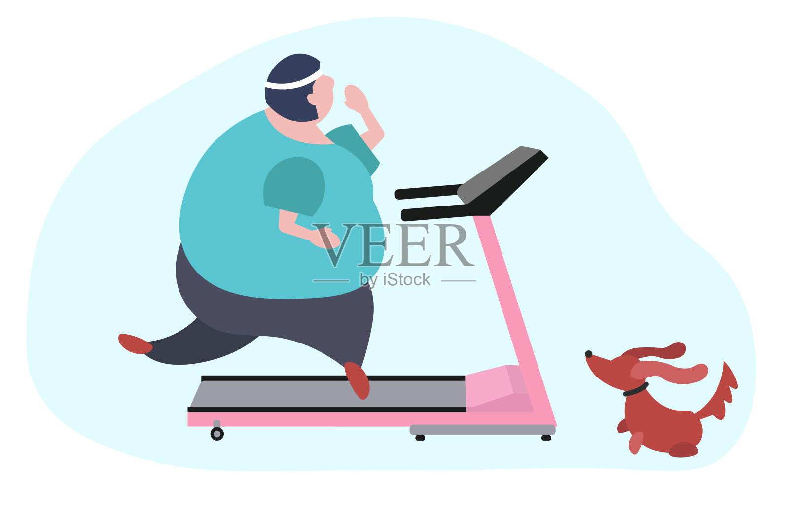 胖女人在运动固定跑步机上。女孩在家里跑步。插画图片素材
