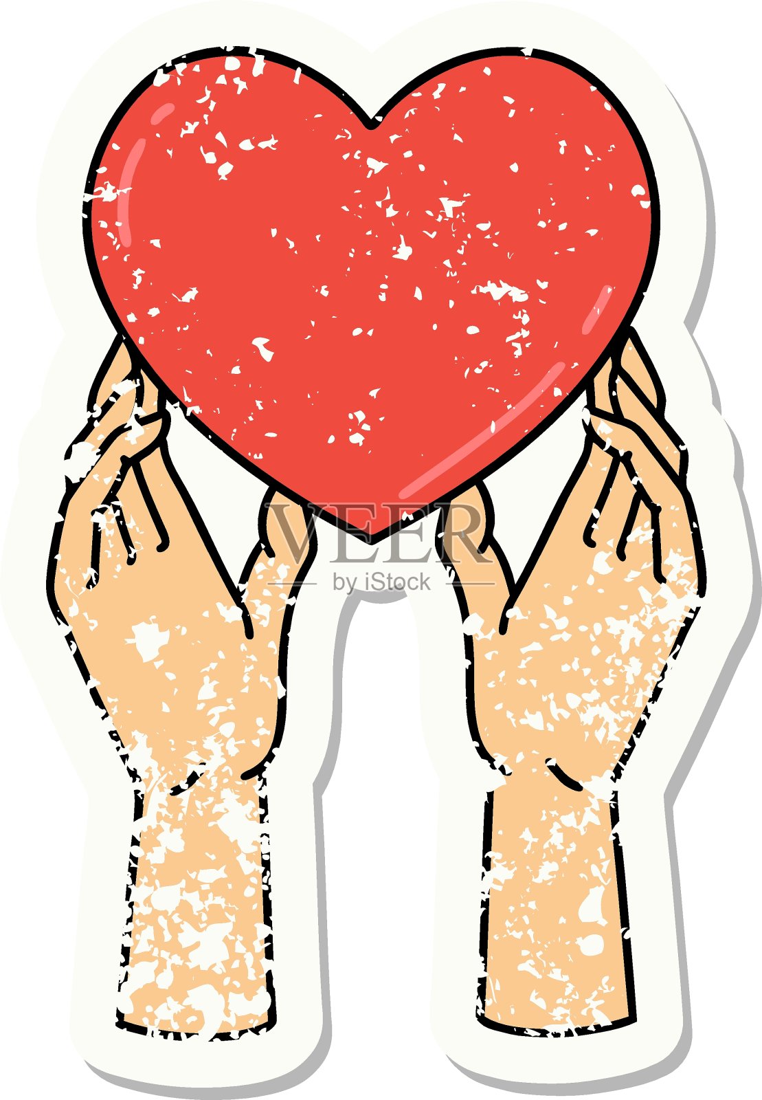 传统的心疼贴纸纹身的手伸向一颗心插画图片素材