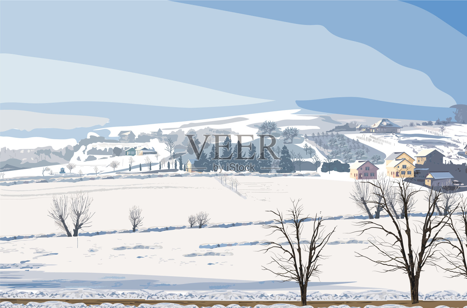 冬季乡村景观和小村庄插画图片素材