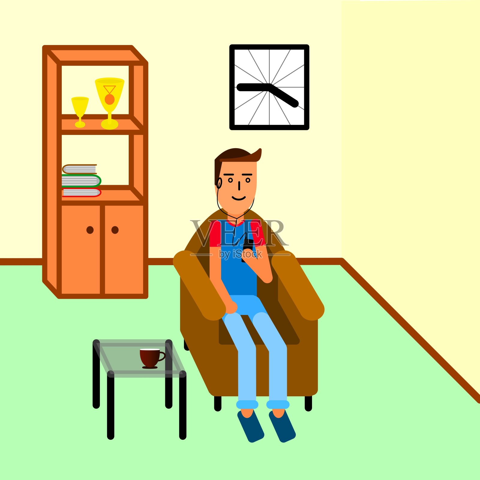 一个年轻人坐在房间的沙发上，拿着耳机打电话。插画图片素材