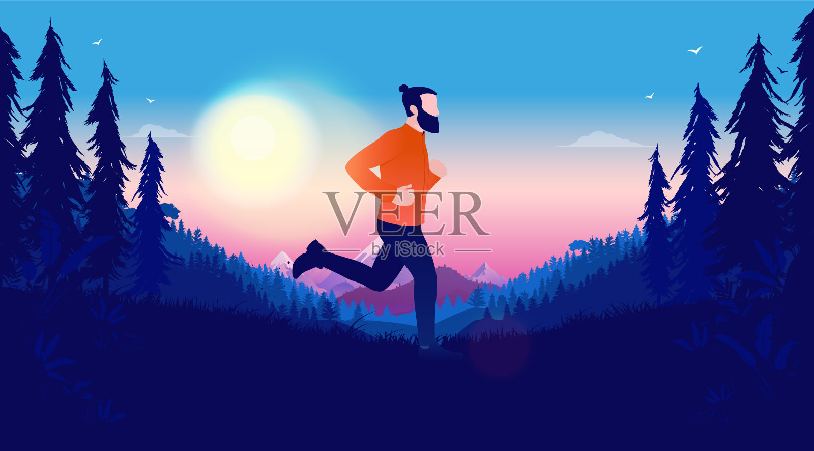 在风景中慢跑——潮人在户外森林风景中慢跑插画图片素材