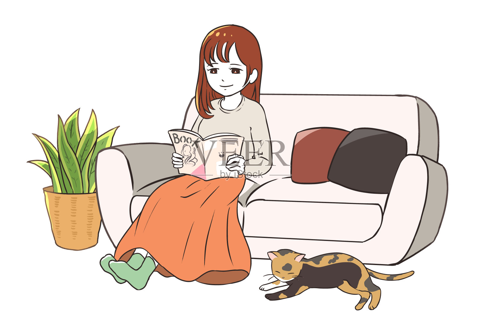 轻松的女人和猫睡在客厅插画图片素材