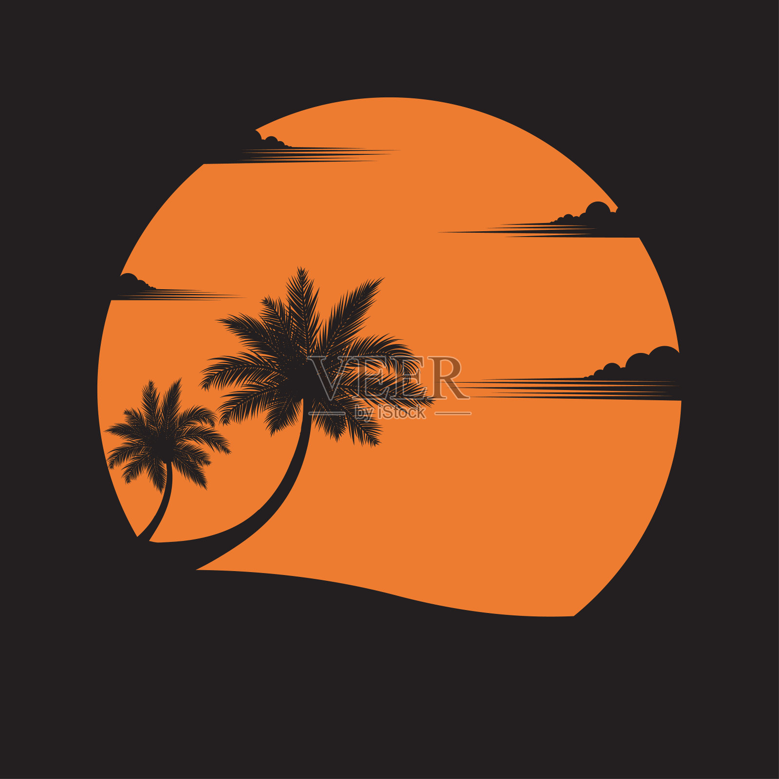 沙滩上的椰子树以夕阳为背景插画图片素材