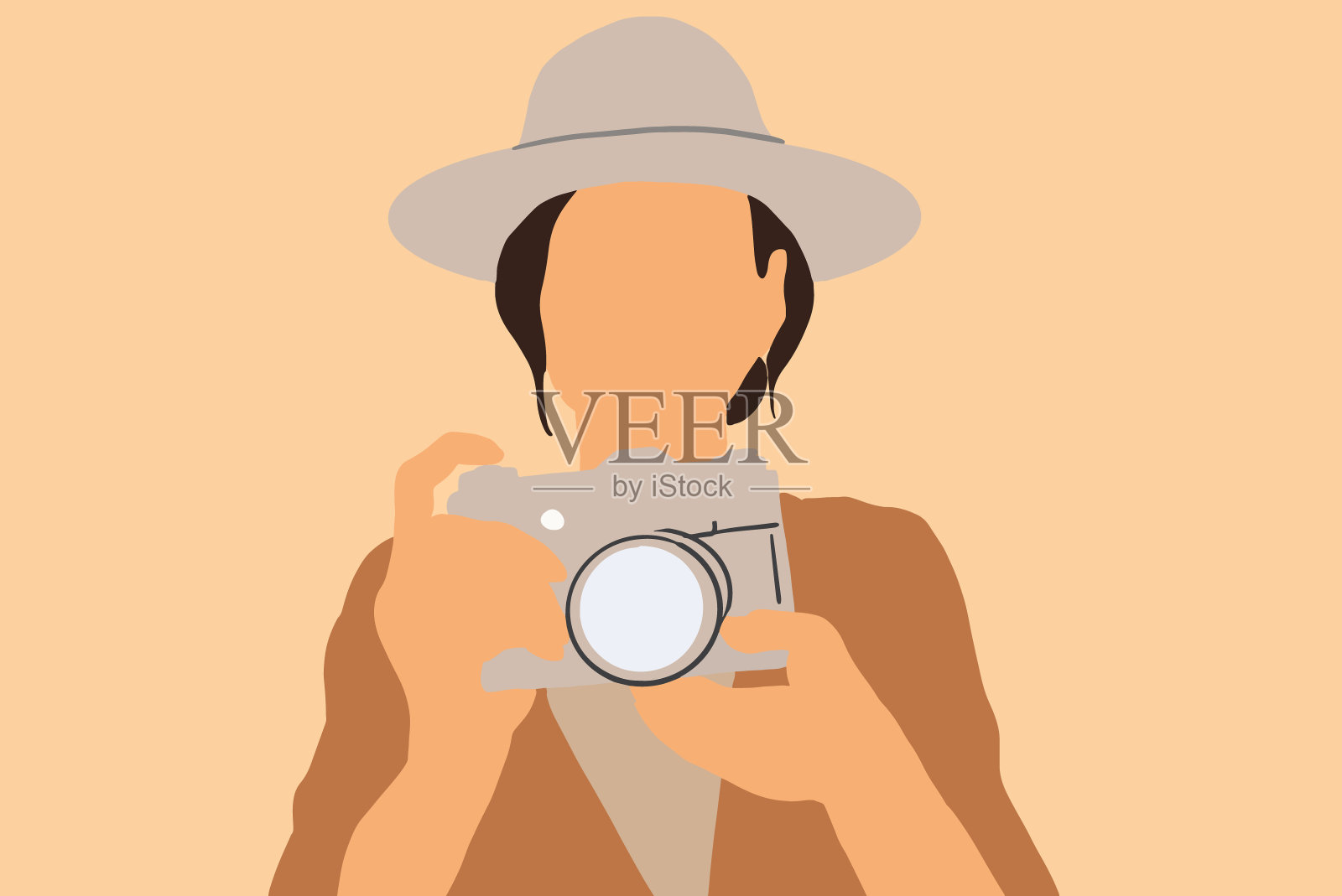 一名女性旅行者，背景是照相机插画图片素材
