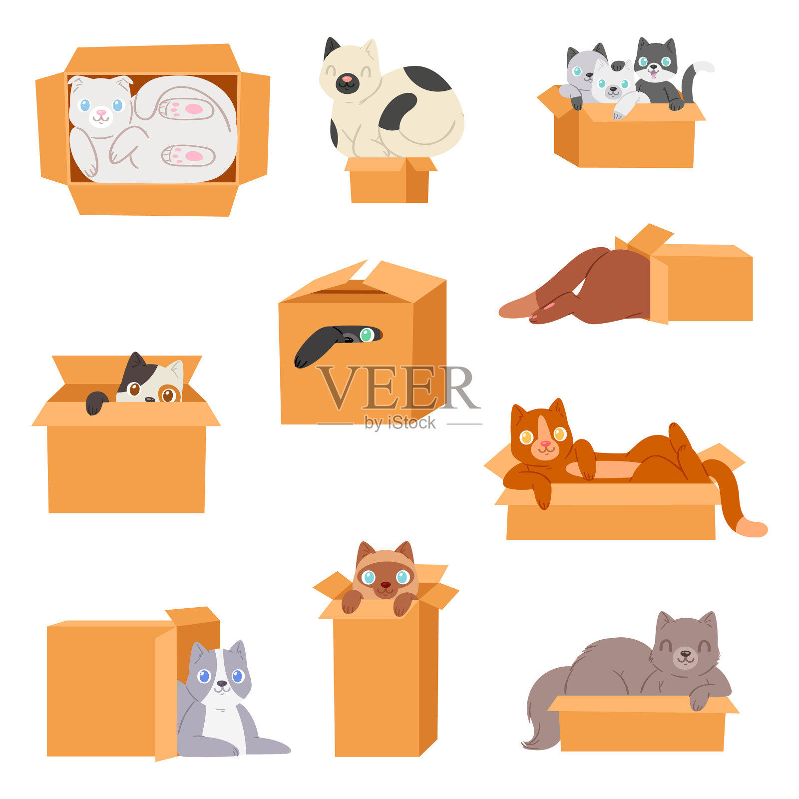 在盒子里的猫插图(猫、动物、卡通动物、动作、纸箱、盒子、纸盒、条纹)儿童插图_北极熊素材库