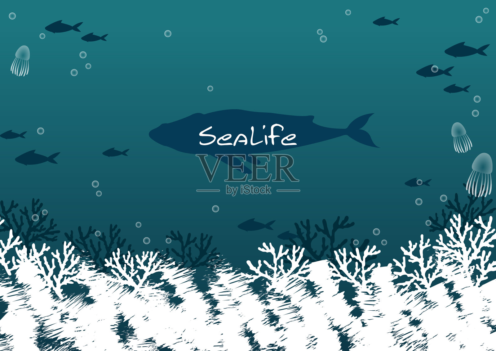 以鲸鱼、鱼群、水母和珊瑚为背景，在夏季节日装饰深海。插画图片素材