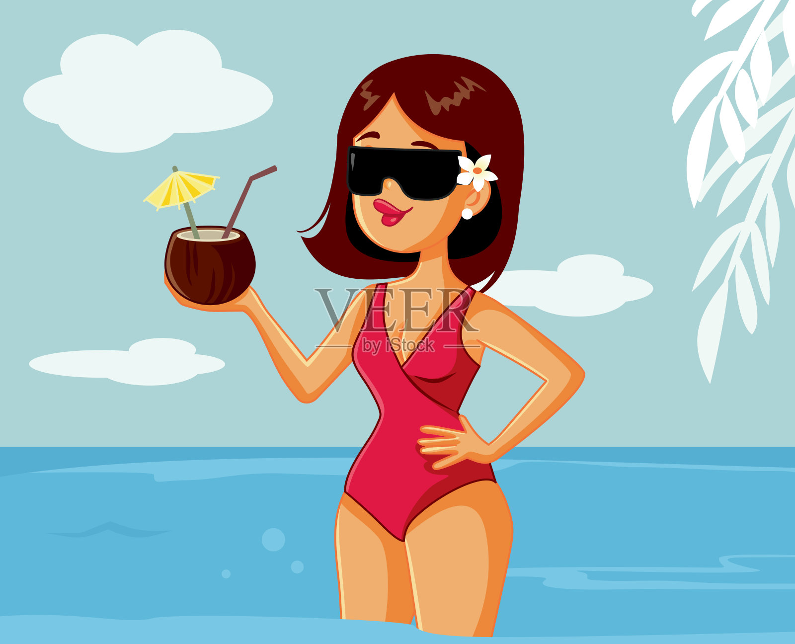 夏日女人在海滩上拿着椰子鸡尾酒插画图片素材