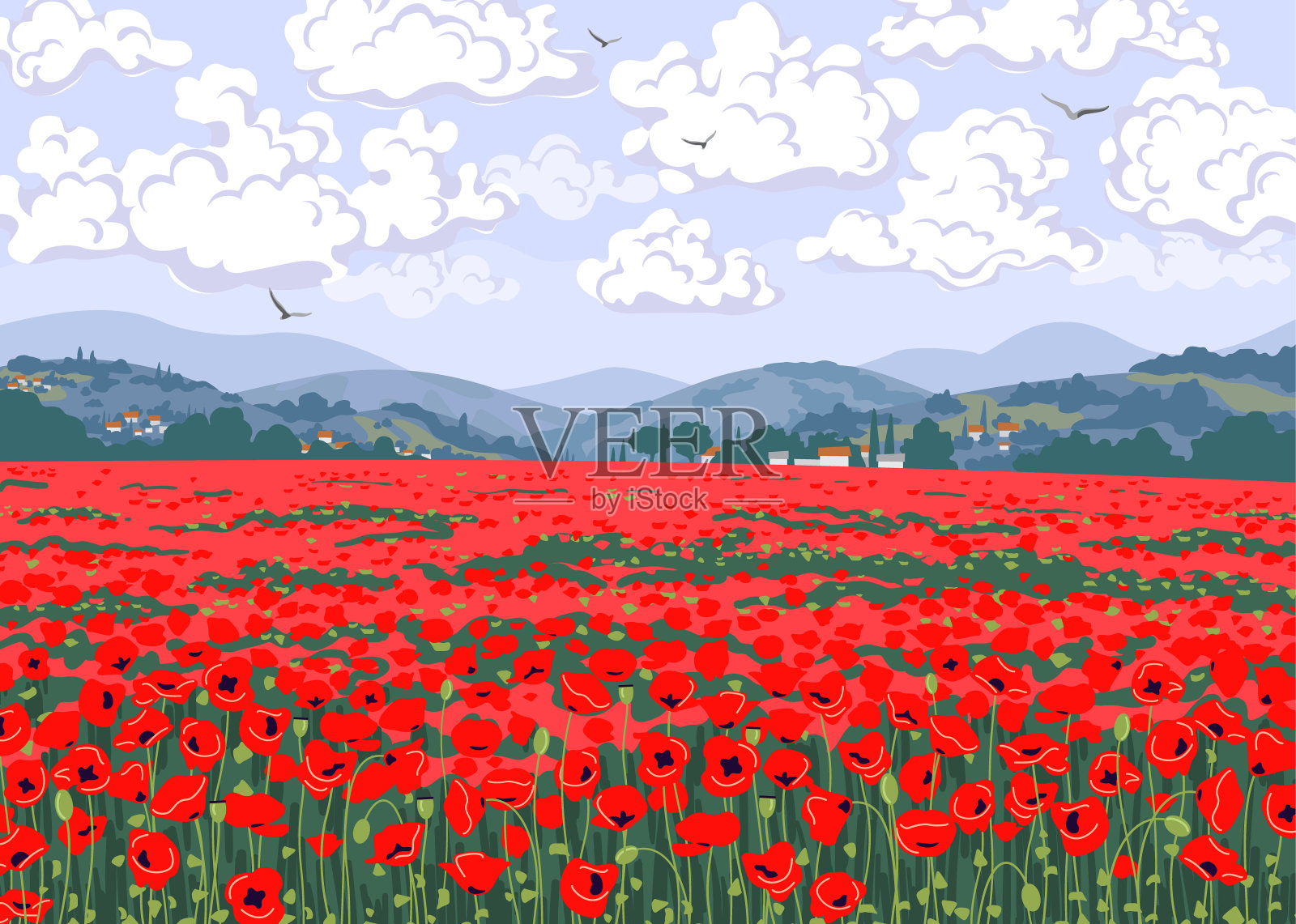 红罂粟田、山、云的自然景观。背景图片素材