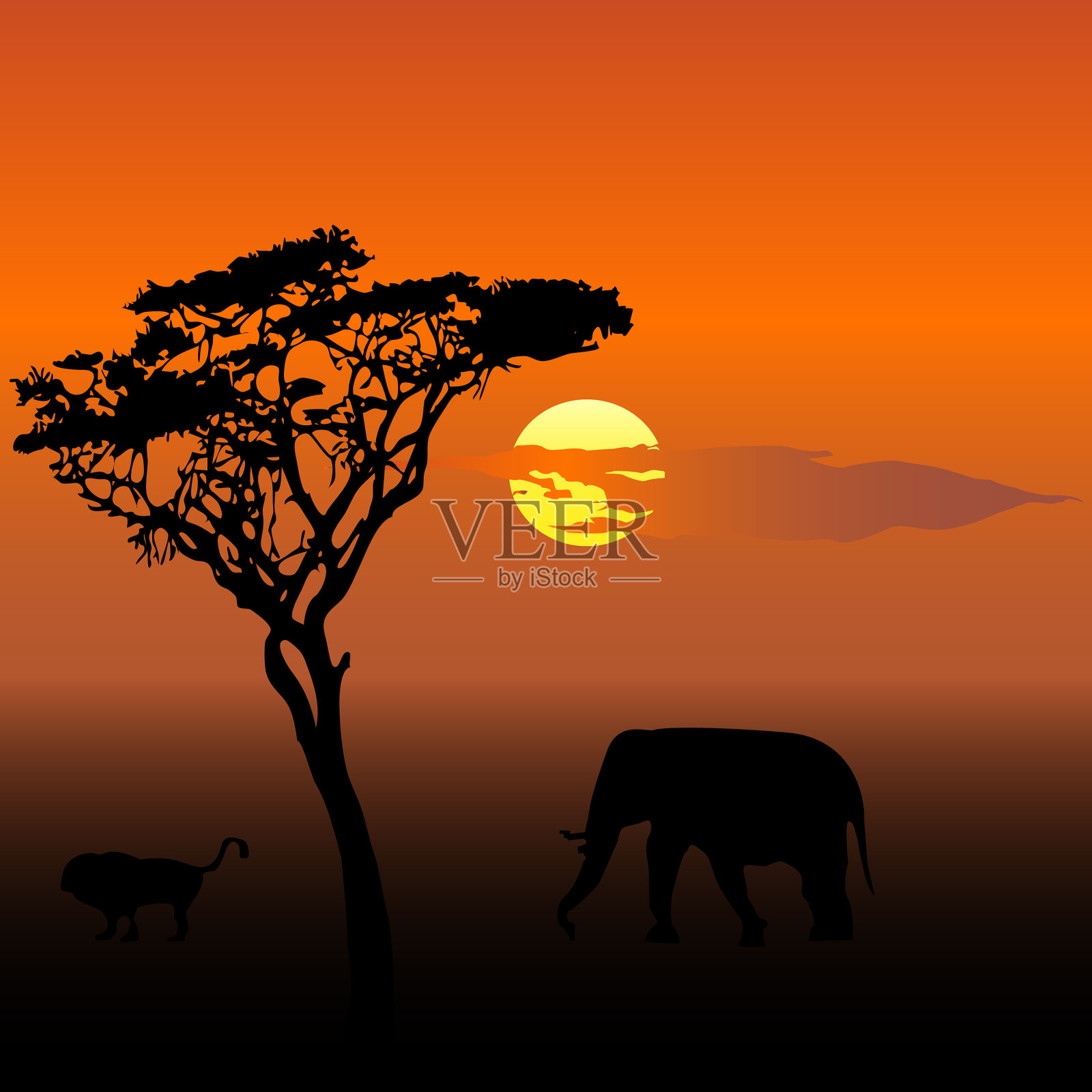 大象和狮子在日落插画图片素材