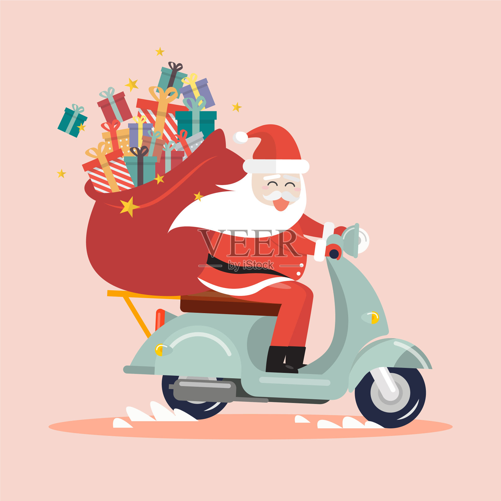 圣诞老人带着礼物袋骑着摩托车插画图片素材