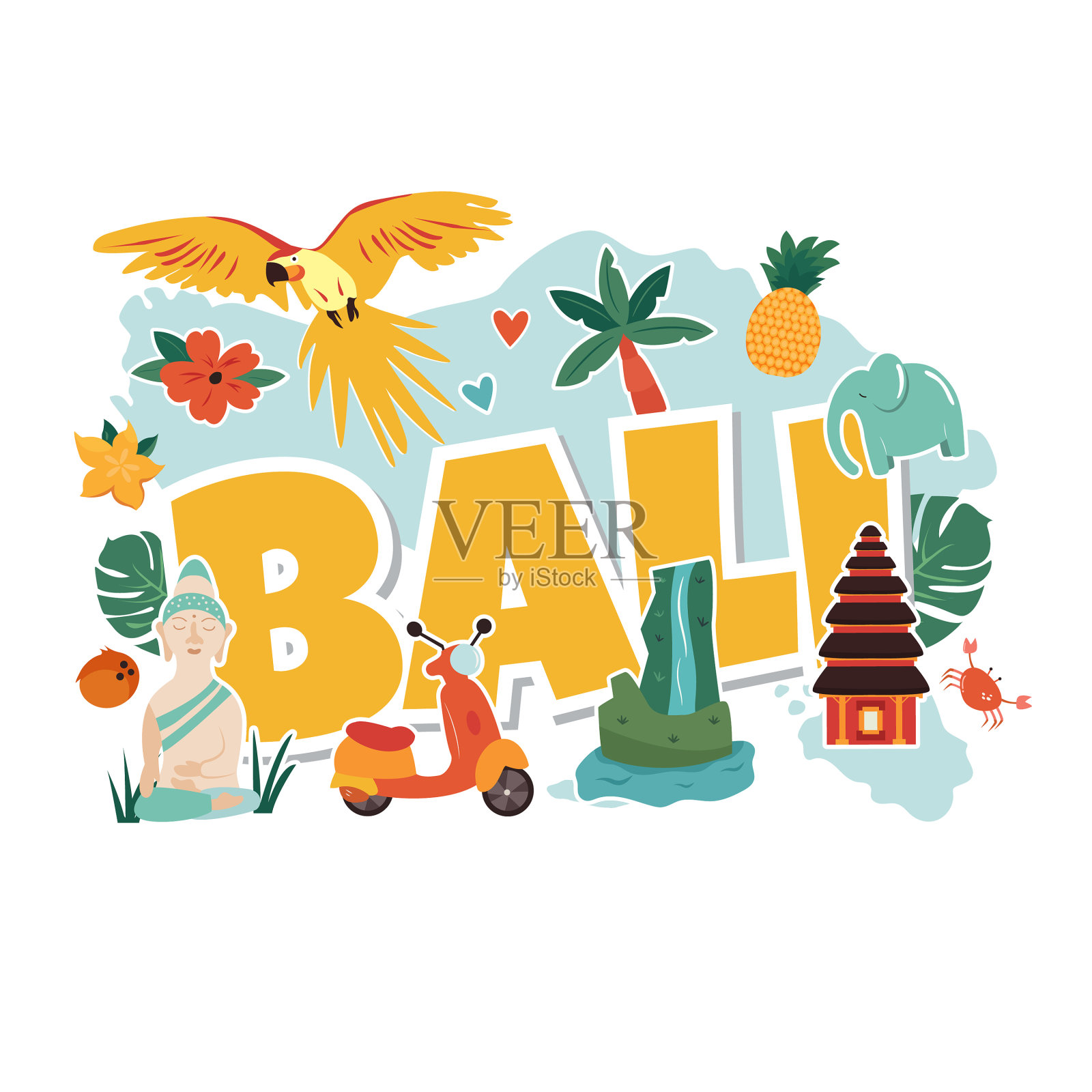 卡通与巴厘岛的地标符号设计元素图片