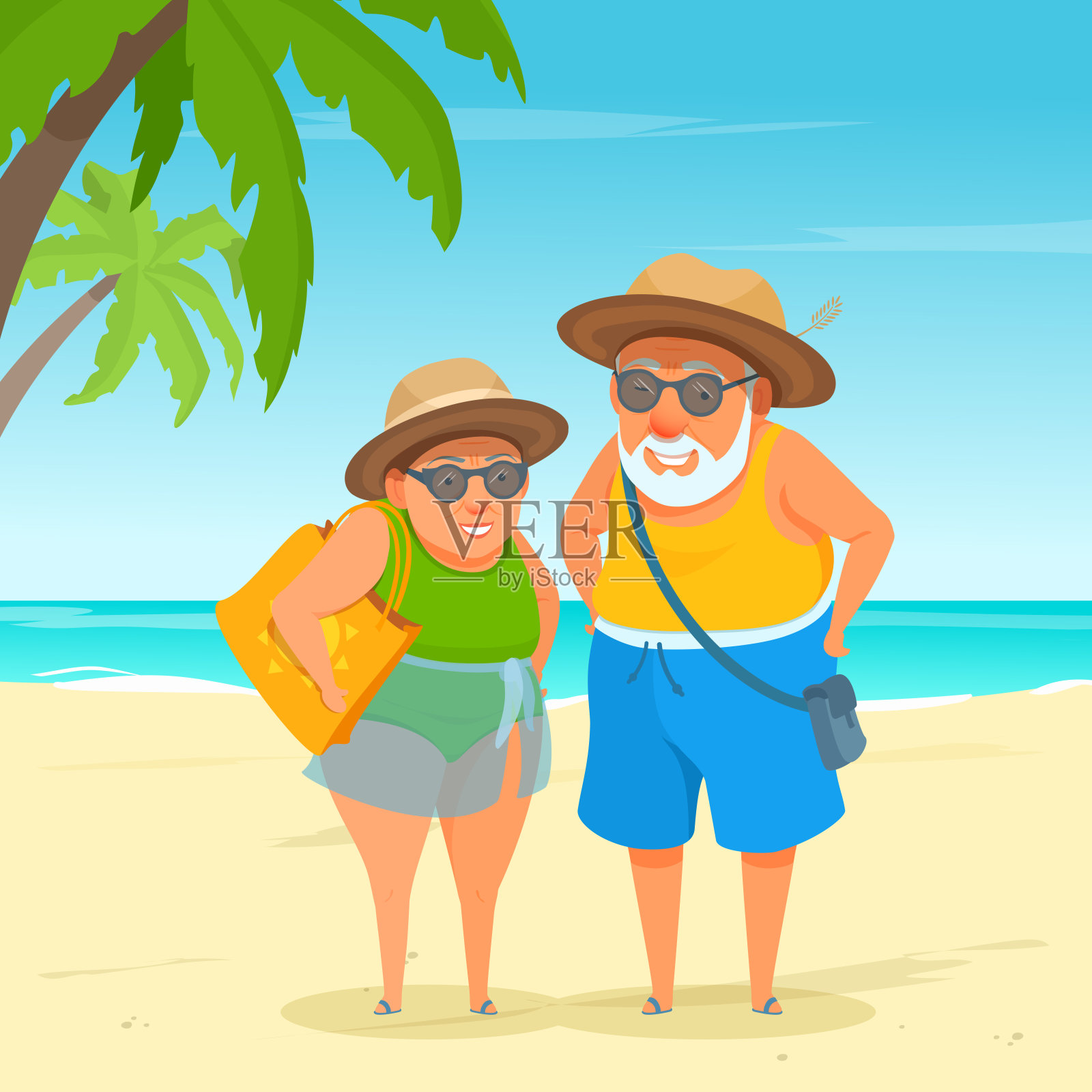一对快乐的老年夫妇站在沙滩上。阳光明媚的一天。爷爷奶奶戴着太阳镜，草帽。热带度假旅行。插画图片素材