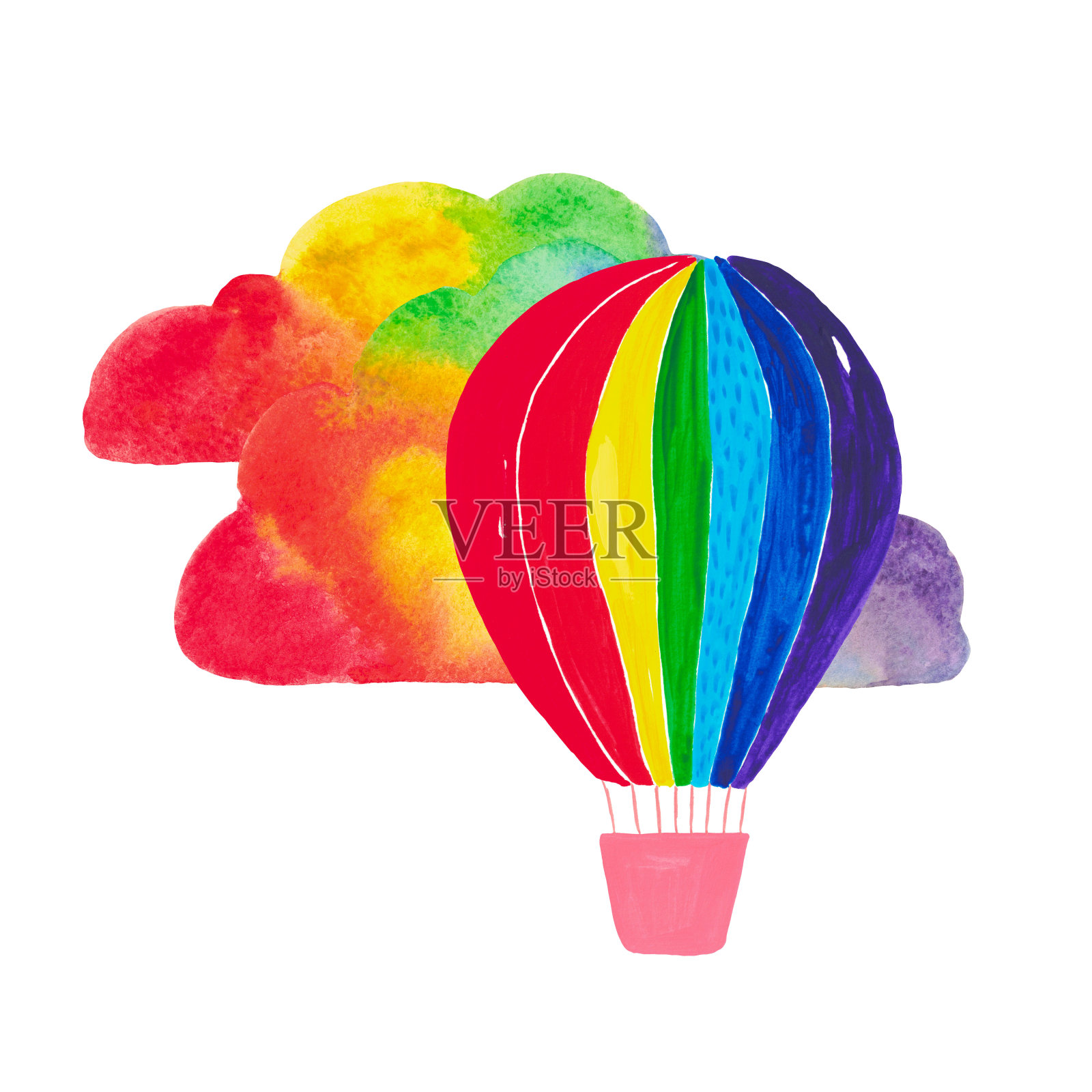 热气球云团的水彩画。手绘剪贴画彩虹颜色复古设计插画图片素材