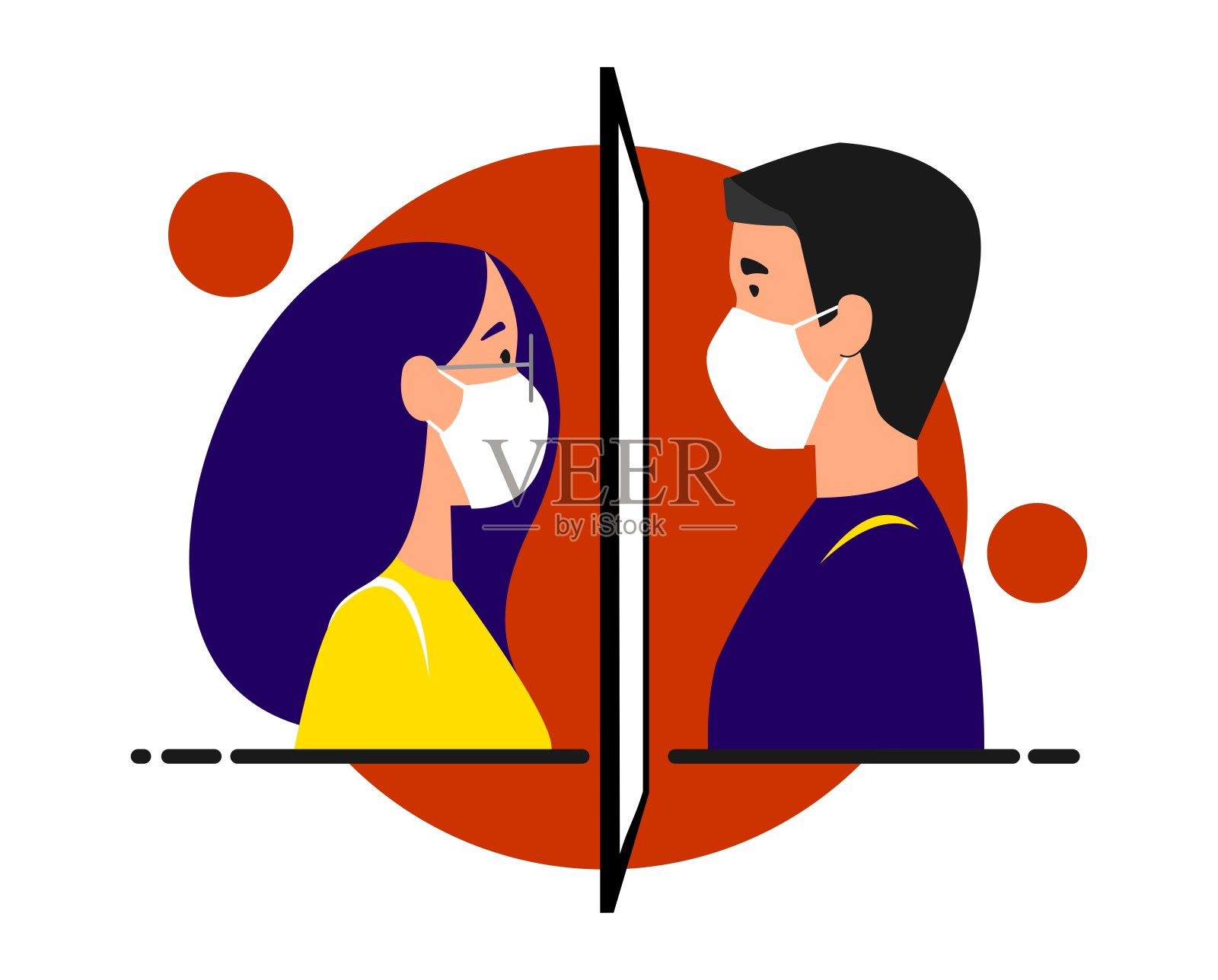 一个女孩和一个戴着医用口罩的男孩对面站着，他们之间有一块玻璃，一扇窗户。因冠状病毒分离。待在家里，隔离，隔离概念。矢量图像。设计元素图片
