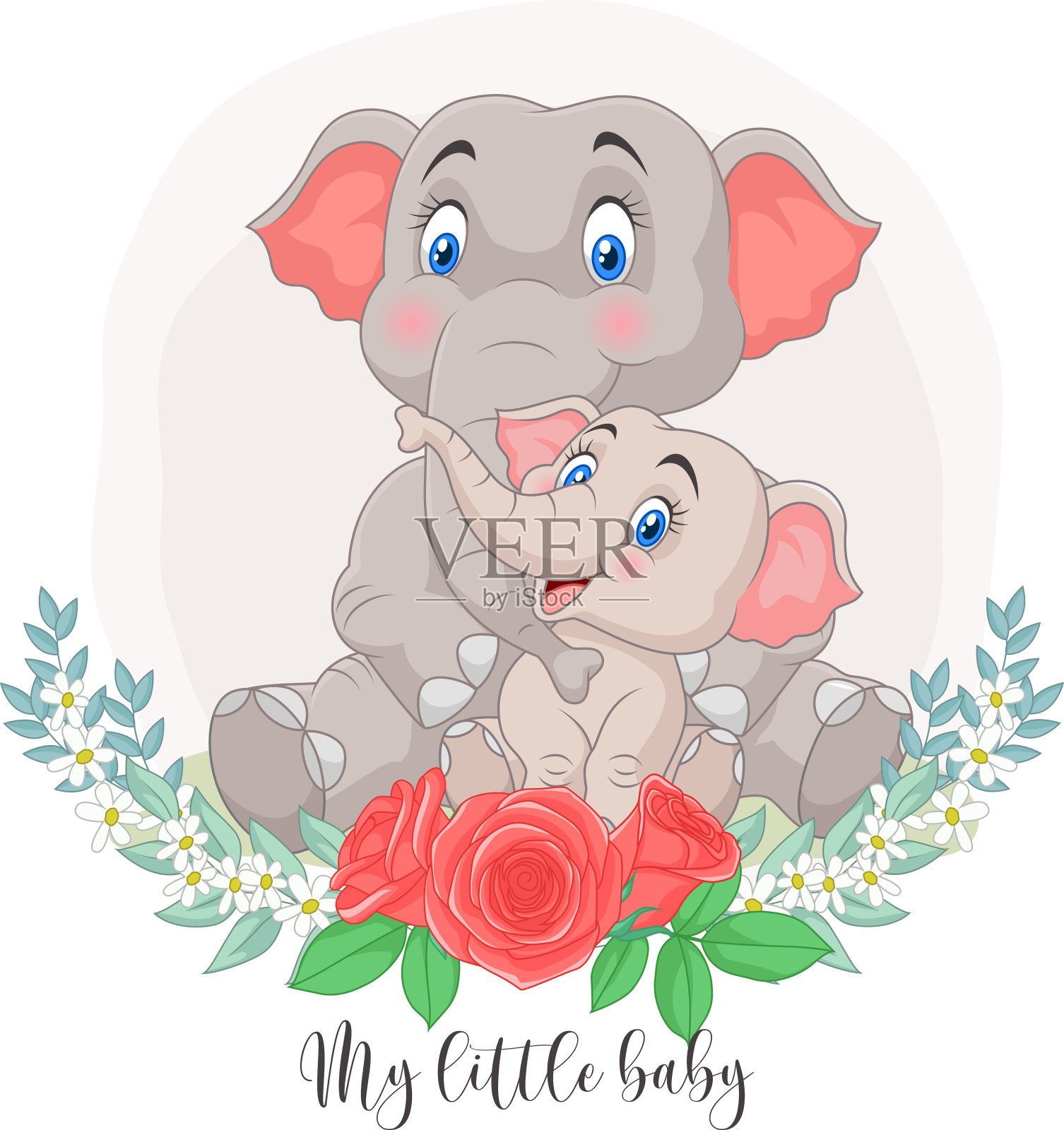 卡通妈妈和小象坐在花的背景插画图片素材