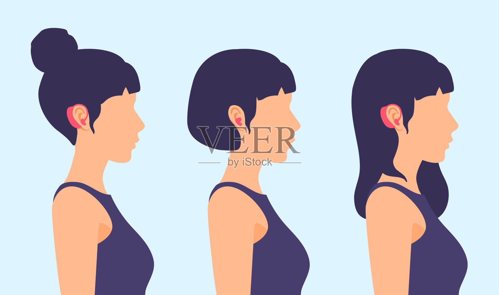 耳朵上戴着助听器的女孩。侧视图，一个人的侧面。插画图片素材