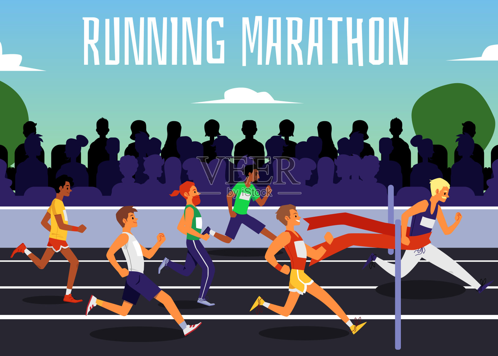 跑步马拉松网站横幅人物人物平面矢量插图。插画图片素材