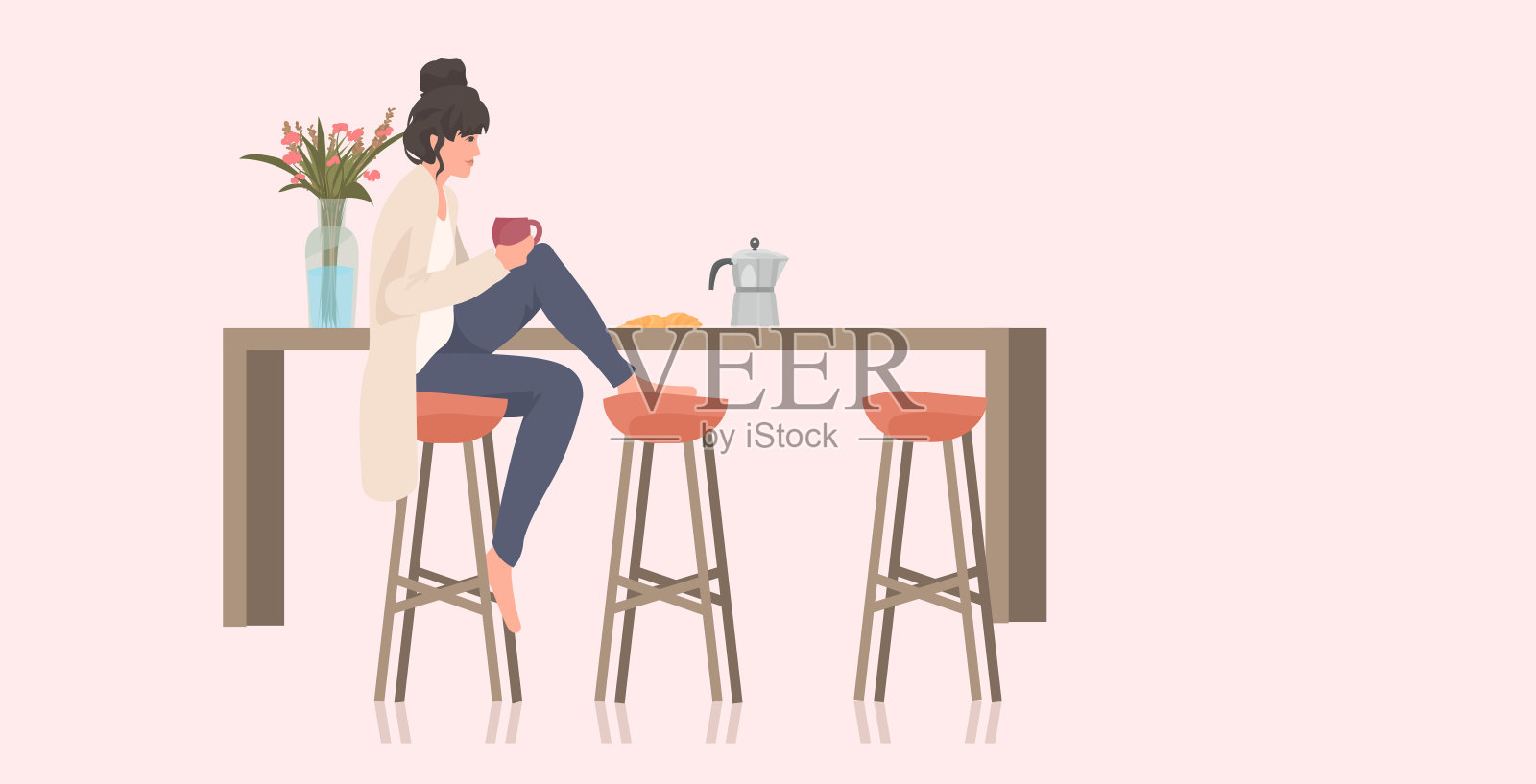 美丽的女人喝咖啡的女孩坐在凳子上的厨房柜台全长水平插画图片素材