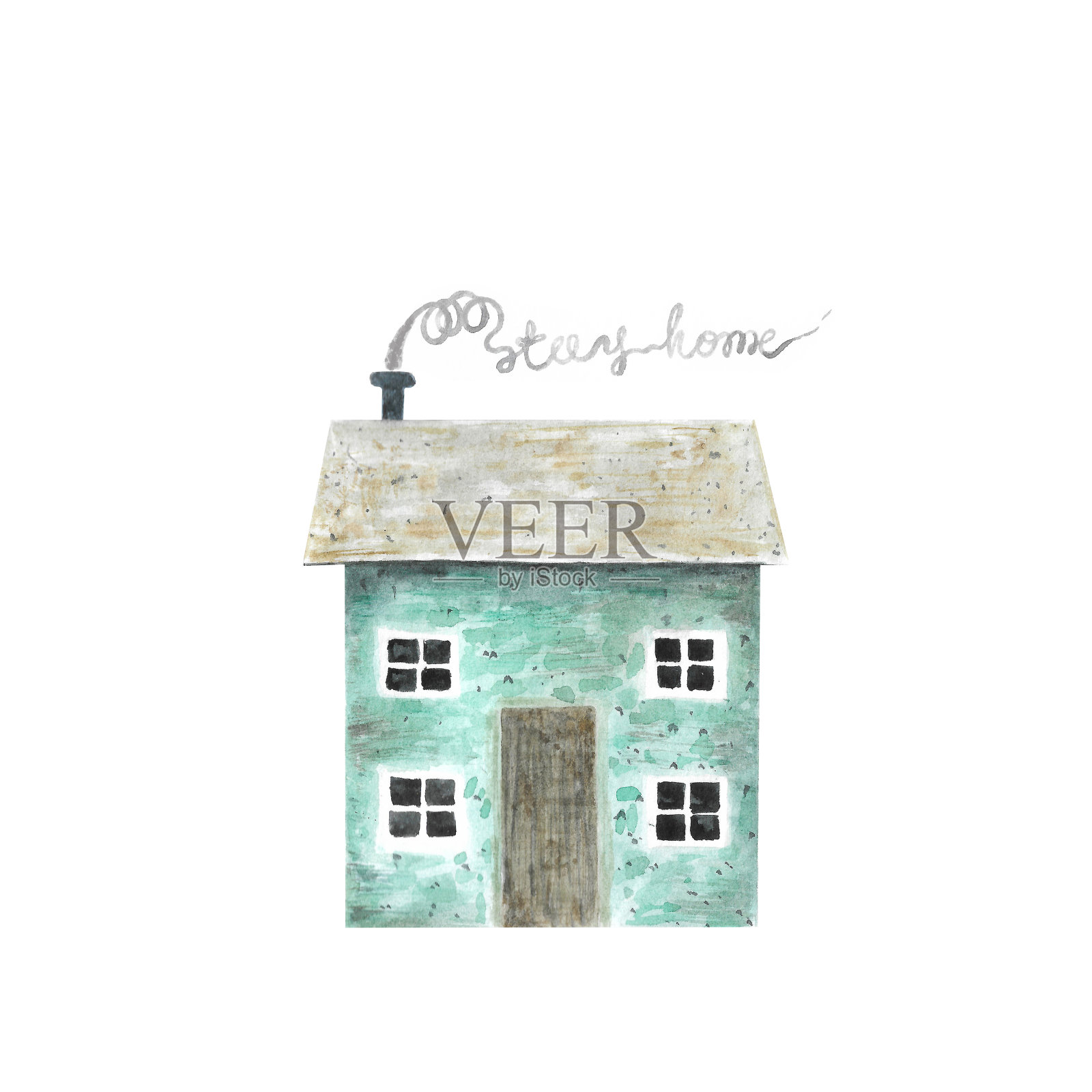 水彩插图的房子与一个字母呆在家里和安全。甜home.Isolated回家。激励卡。设计元素图片