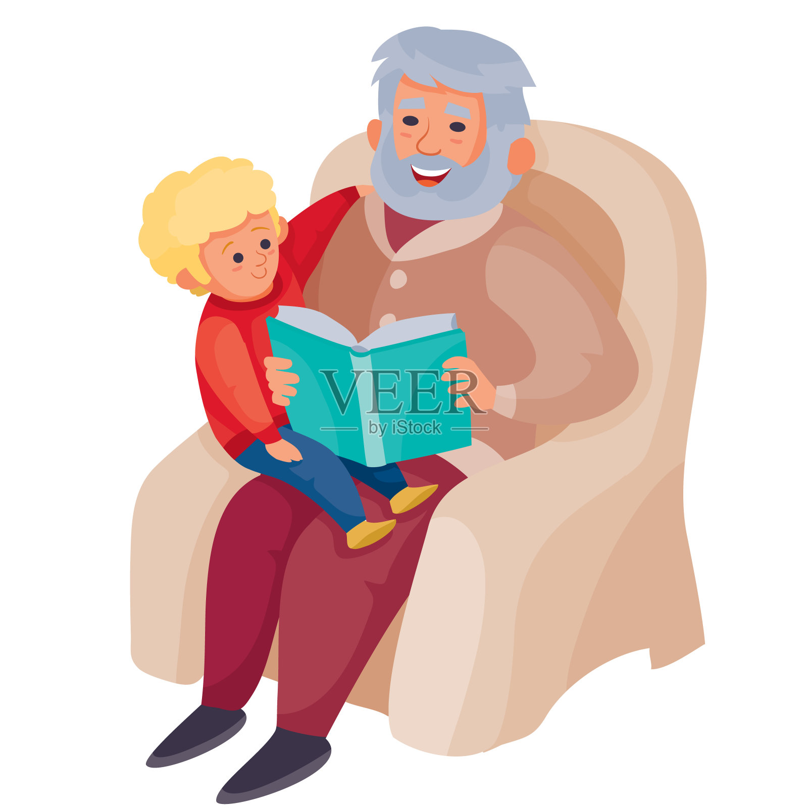 爷爷坐在一个舒适的大扶手椅上，坐在他的膝盖里面，他正在看一本童话书，矢量插图，孤立的物体在一个白色的背景设计元素图片
