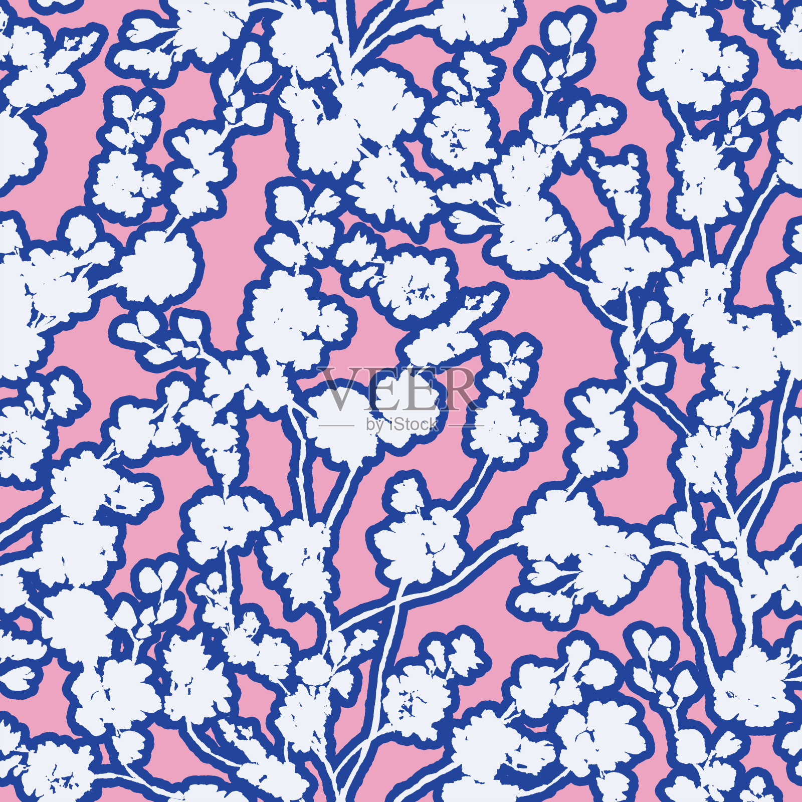 樱花剪影，蓝色，粉色和白色。插画图片素材