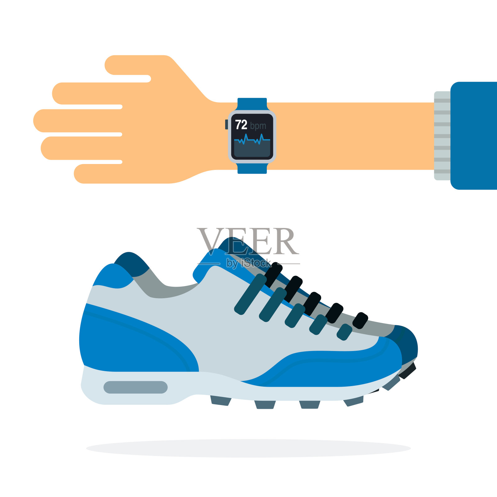 运动鞋和手表上的心率与手矢量图标平孤立插画图片素材