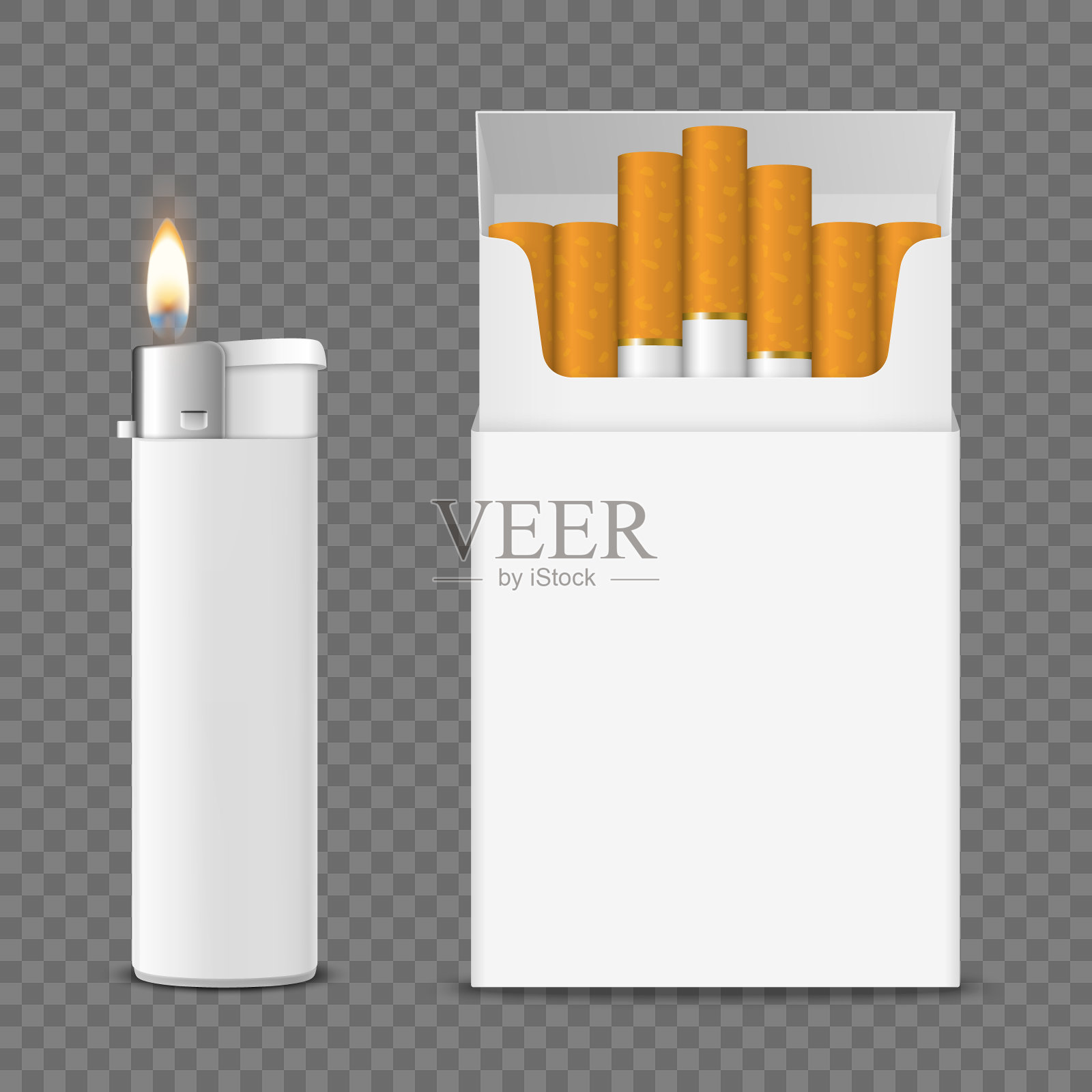 矢量3d现实打开清晰空白烟盒与香烟和打火机与火焰设置特写隔离透明背景。设计模板。烟雾问题概念，烟草，模型插画图片素材