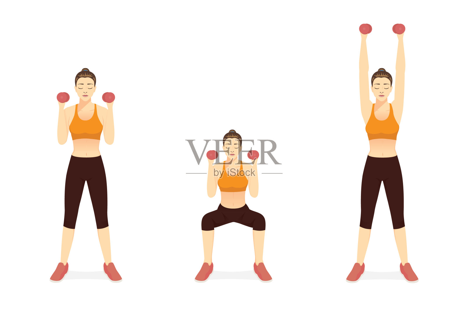 运动女性做健身操哑铃下蹲和头顶压练习3步。如何轻松健身的图表。插画图片素材