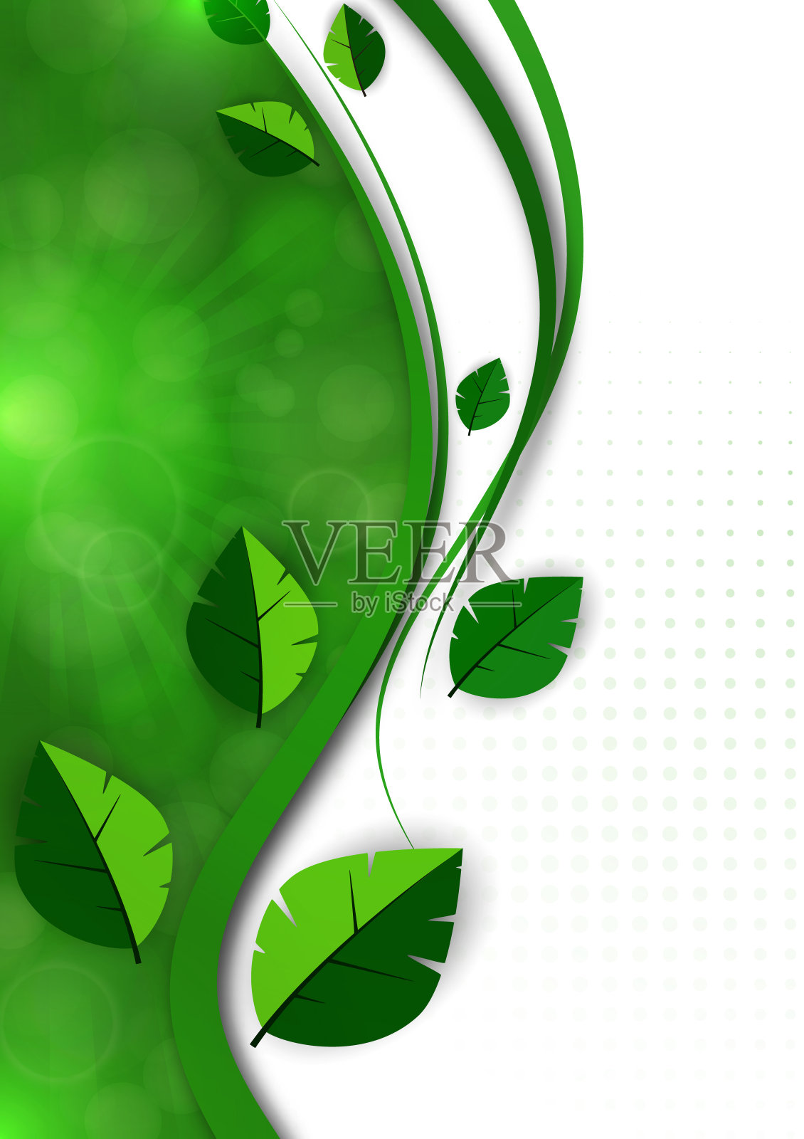 抽象的绿叶，波浪，明亮的现代背景，耀斑。生态学的概念。向量插画图片素材