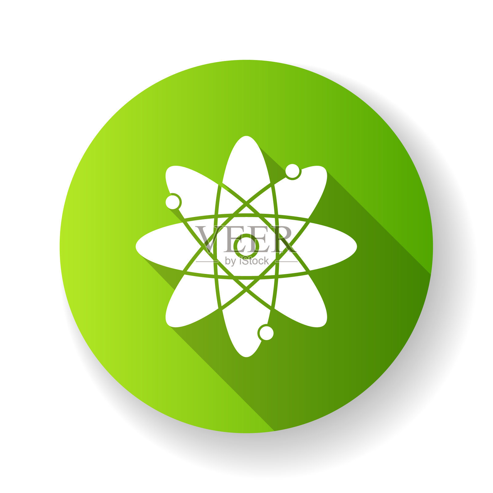 分子原子绿色平面设计长阴影字形图标。核能源。原子核有电子轨道。科学的象征。模型的粒子。有机化学。向量轮廓图插画图片素材