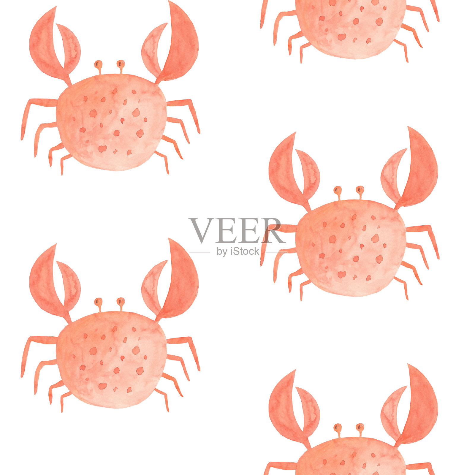 水彩无缝模式的海洋主题-螃蟹在白色的背景。手绘。新鲜的海洋插图。完美的壁纸，网页背景，表面纹理，织物，纸张。插画图片素材