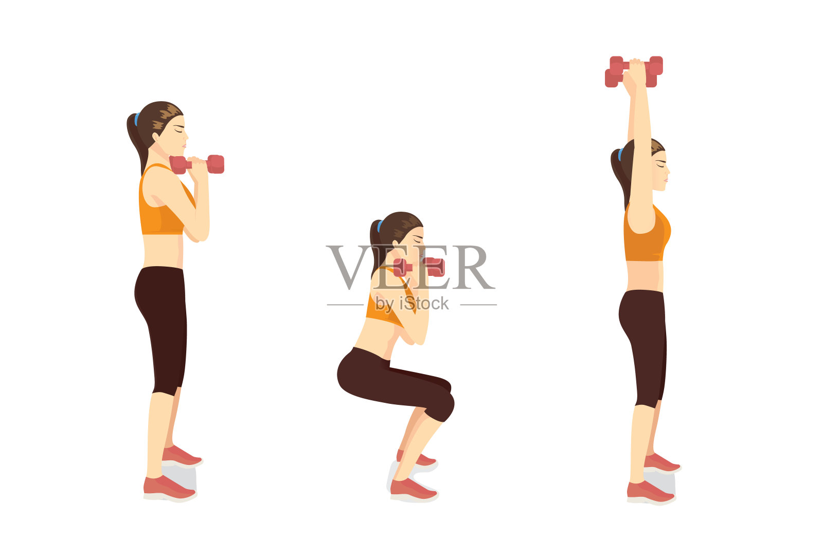 运动女性做健身操哑铃下蹲和头顶压练习3步。如何轻松健身训练，以手臂肌肉为目标。侧视图。插画图片素材