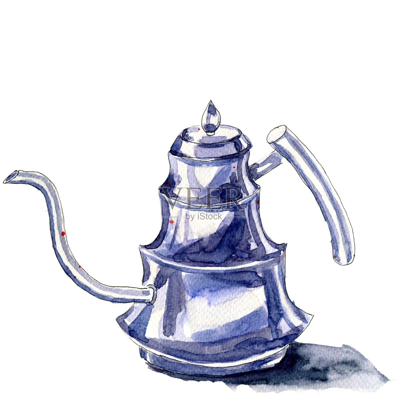 古董咖啡壶矿石茶壶在一个咖啡店。水彩速写插图插画图片素材